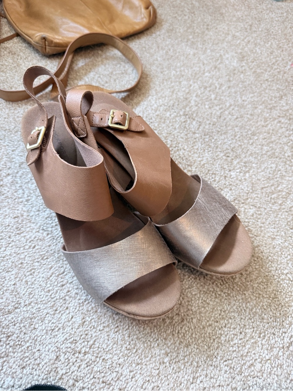 Rockport Rose Gold and Tan Wedge Sandals